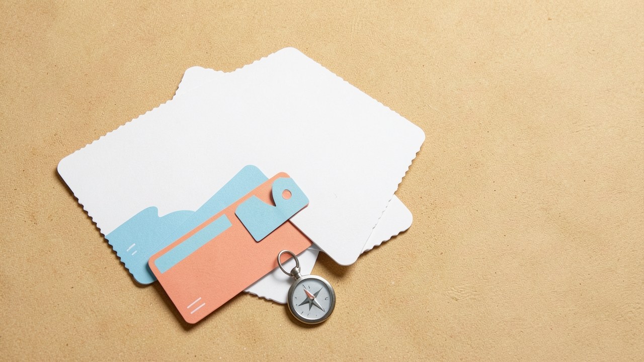 An arrangement of three clean, blank cards with a boarding pass, a luggage tag, and a compass symbol, all in a fresh blue and coral palette.