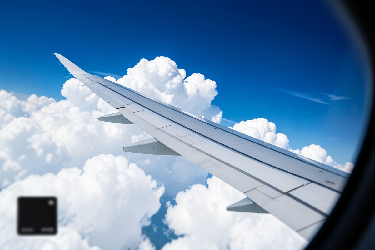 An airplane window view showing wing and sky above clouds, with a small silhouette of a card in the corner.