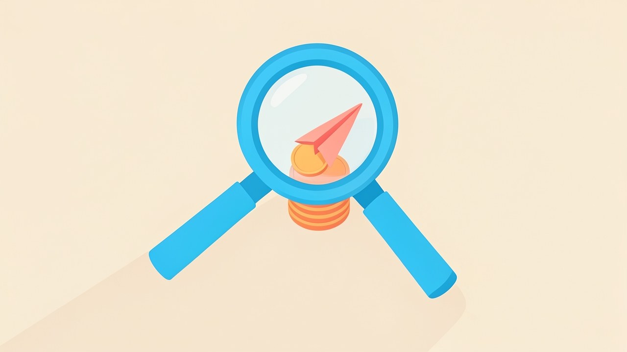 A stylized graphic of a magnifying glass over a stack of coins and a flight of paper planes, representing rewards and travel.