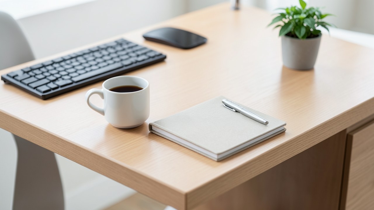 A minimal office desk scene with a cup of coffee and a blank notebook, evoking a sense of work and transparency.