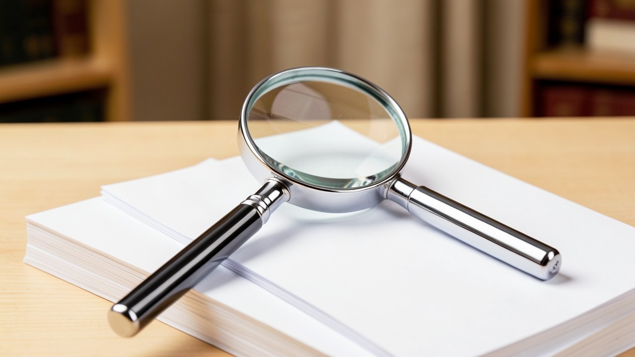A classic magnifying glass resting on a stack of clean, unmarked documents, representing research and accuracy.